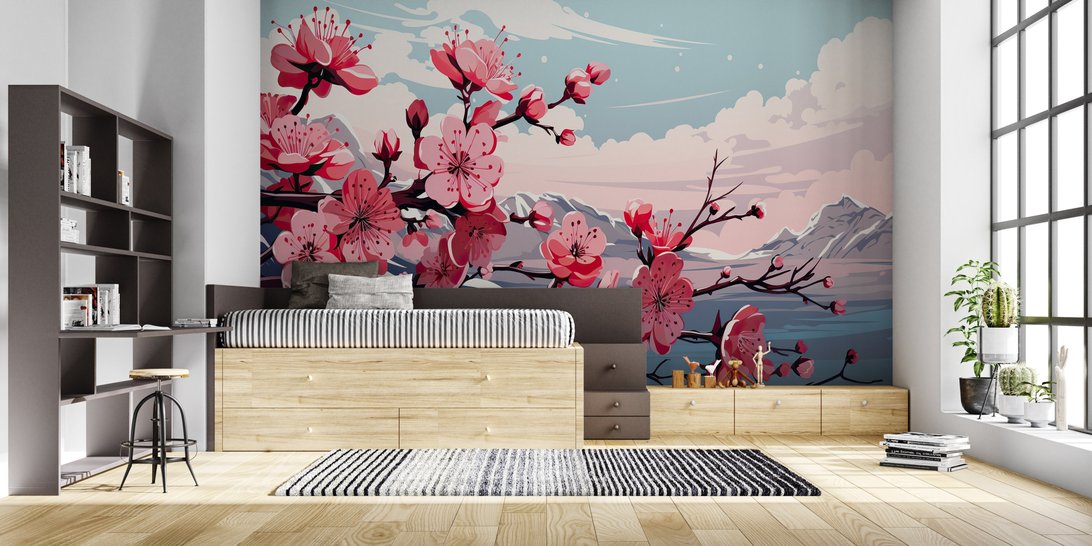 Panoramic view of cherry blossom mural wallpaper with snow-capped mountains