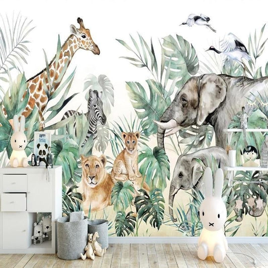 Safari Adventure mural wallpaper with watercolor animals and tropical leaves in a nursery setting
