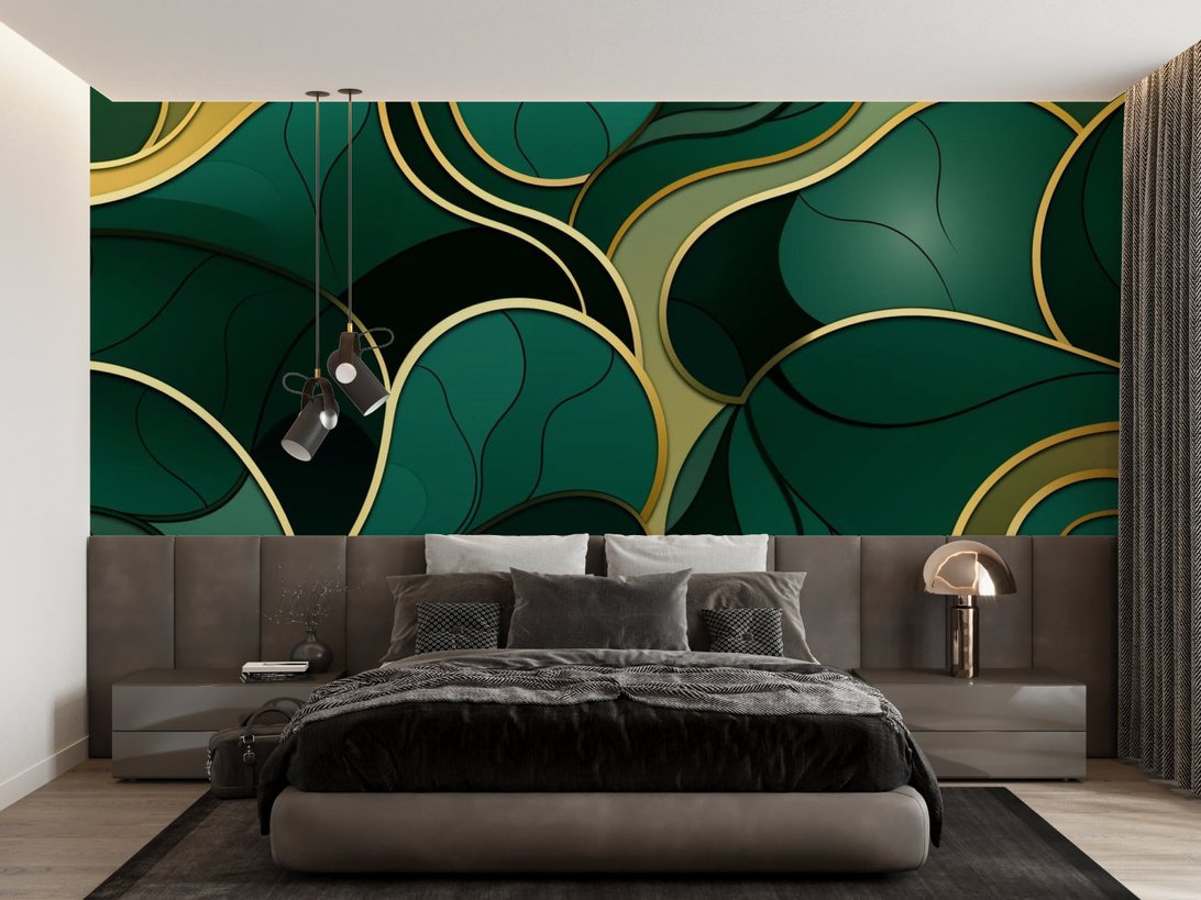 Art Deco emerald and gold leaf mural wallpaper in modern bedroom setting