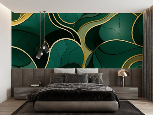Art Deco emerald and gold leaf mural wallpaper in modern bedroom setting