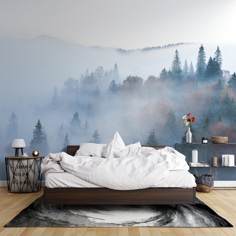 Mountain pine trees mural wallpaper showcasing morning fog effect