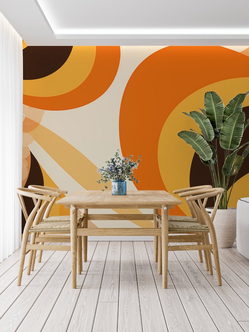 70s geometric mural wallpaper with orange circles in modern dining room setting