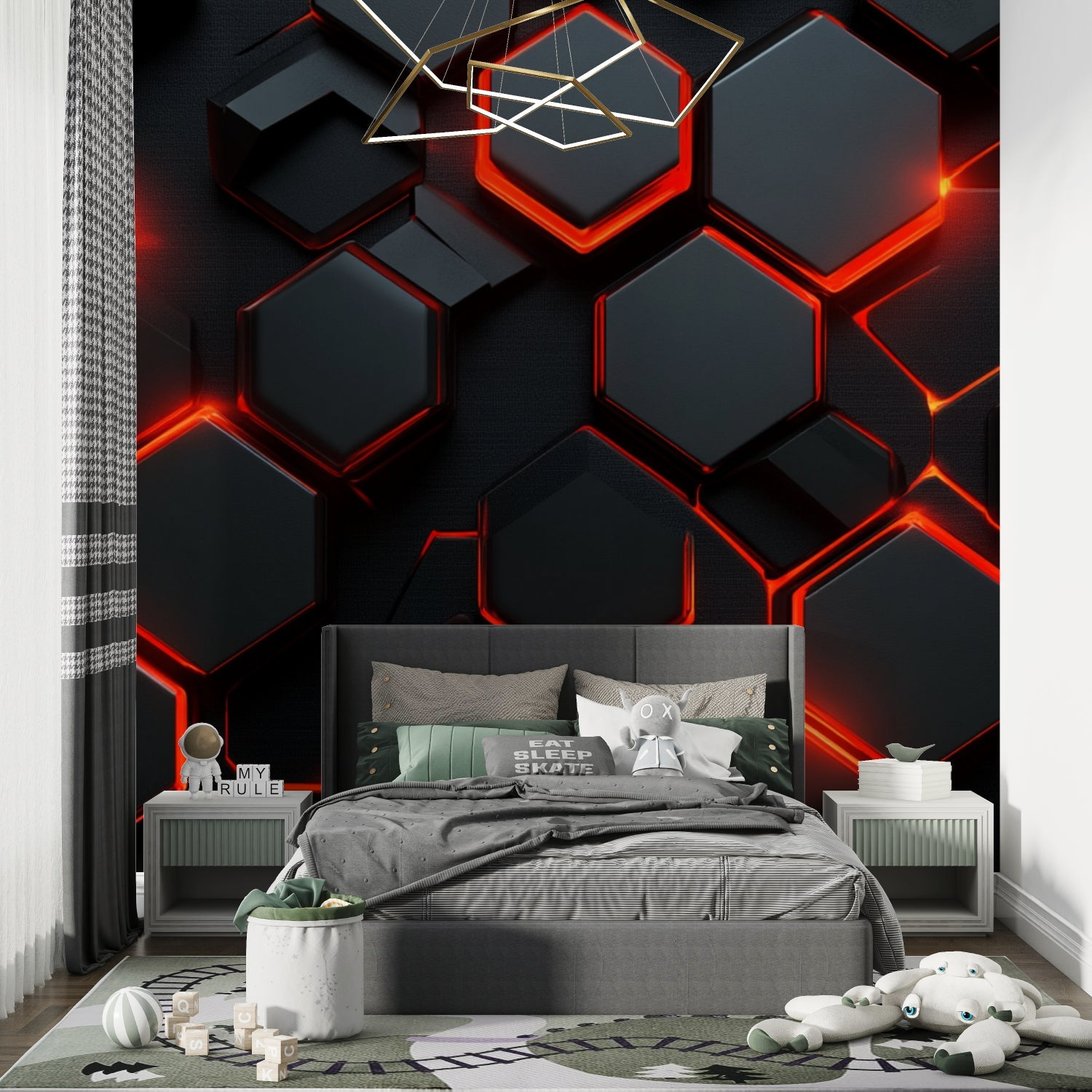3D geometric mural wallpaper with black hexagons and red glowing edges in modern gaming bedroom