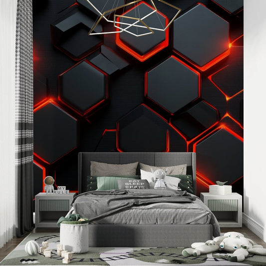 3D geometric mural wallpaper with black hexagons and red glowing edges in modern gaming bedroom
