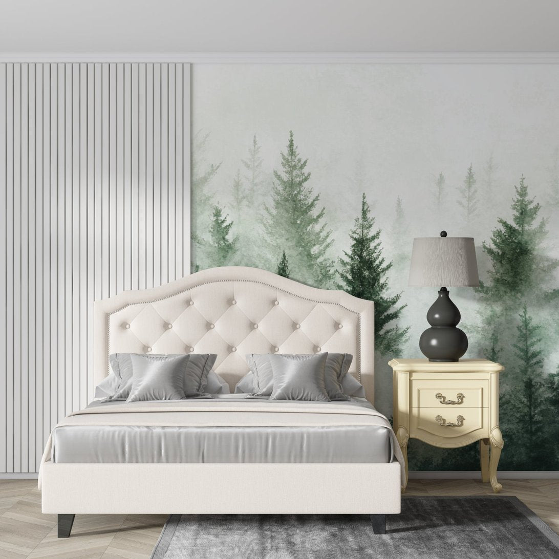Elegant bedroom with Misty Pine Forest mural wallpaper and tufted headboard