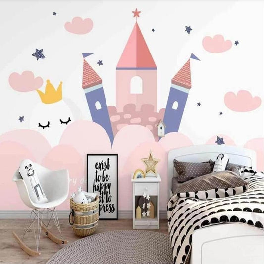 Princess castle mural wallpaper in pink and blue with floating clouds and stars, shown in modern nursery setting