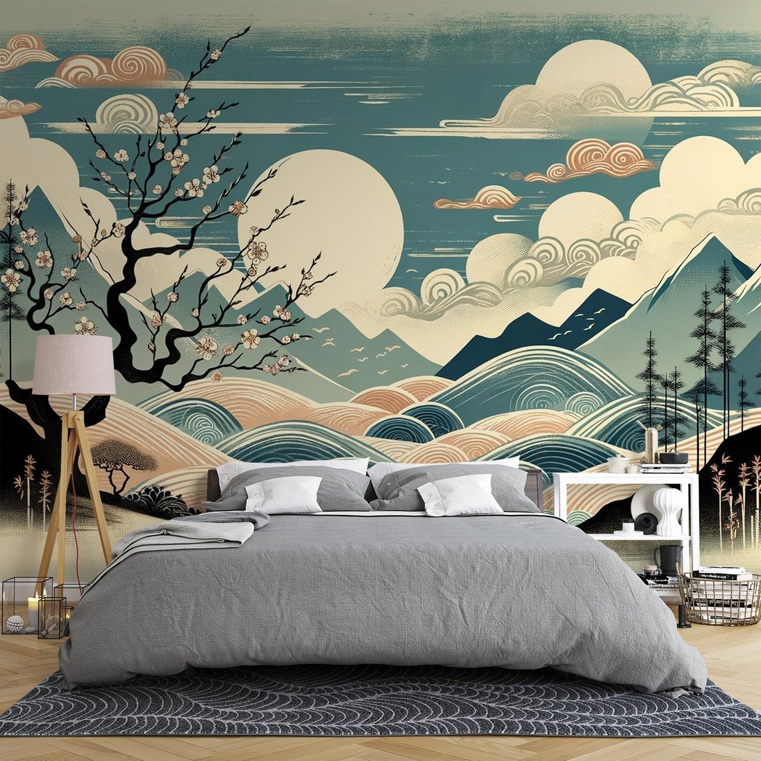Japanese landscape mural wallpaper with cherry blossom tree and mountains in bedroom setting