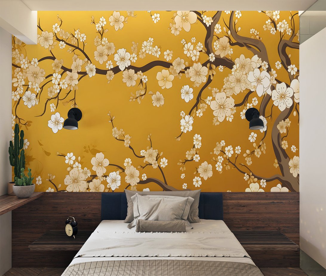 Golden cherry blossom mural wallpaper in contemporary bedroom with cactus plant