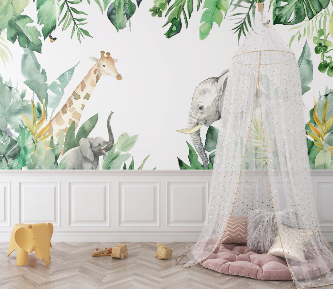 Detailed view of safari mural wallpaper with watercolor elephant, giraffe and tropical foliage