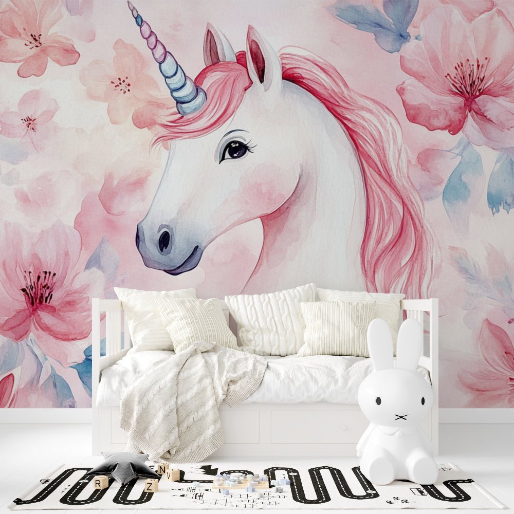 Magical unicorn wall mural with watercolor flowers in children's playroom