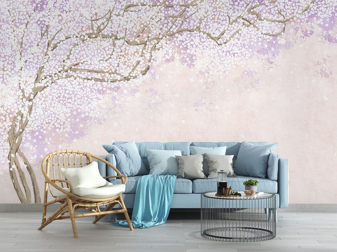 Japanese Cherry Blossom mural wallpaper showing full wall installation