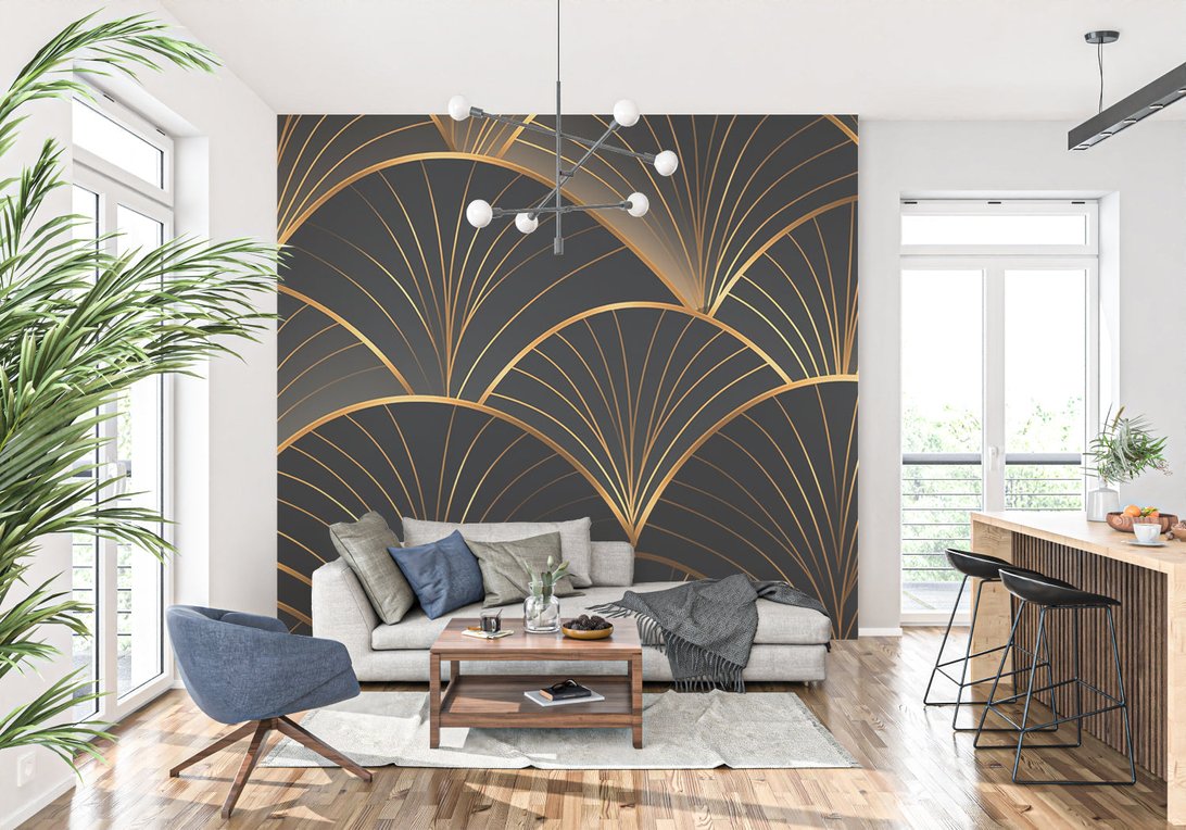 Art Deco mural wallpaper showcased in contemporary living room with modern furniture