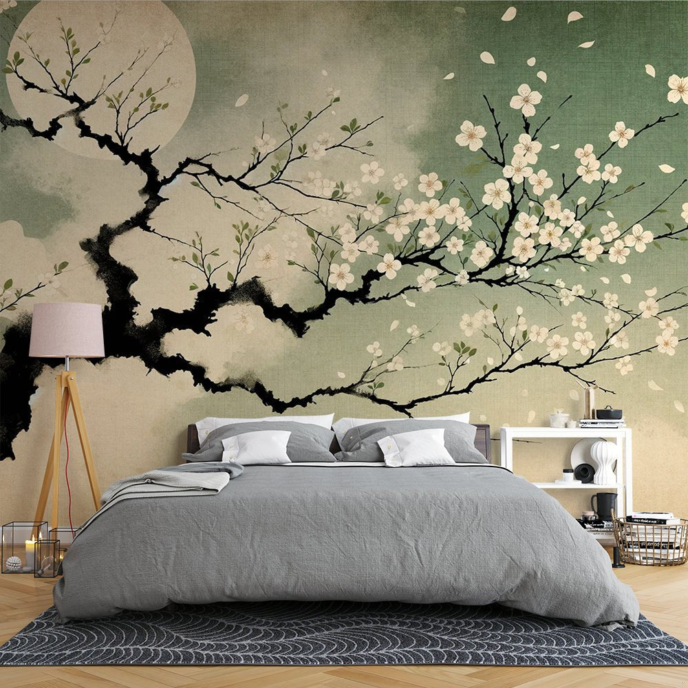 Japanese cherry blossom mural wallpaper with moonlit sakura tree in bedroom setting with modern furniture