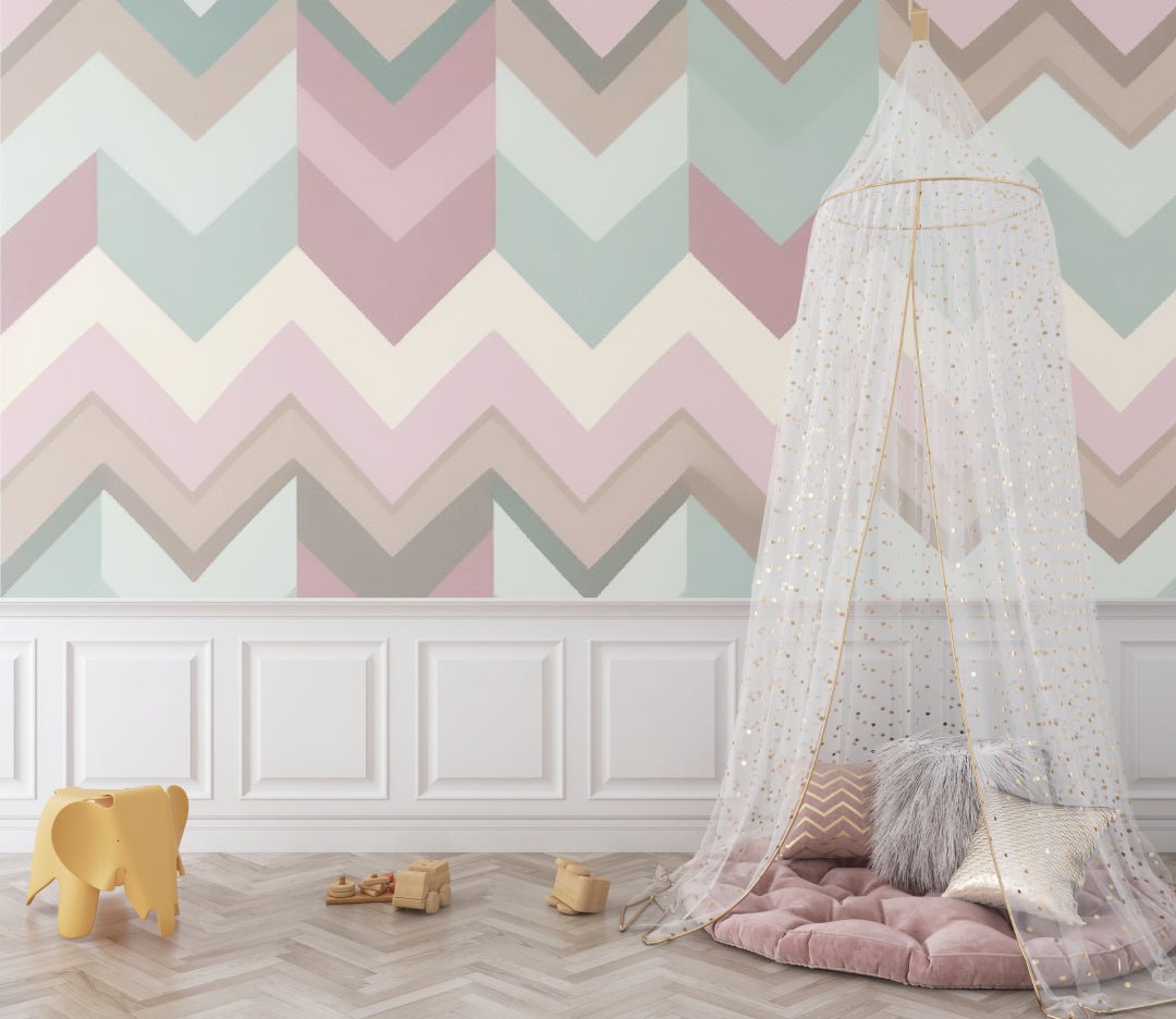 Detail view of chevron pattern mural wallpaper in soft pastel colors