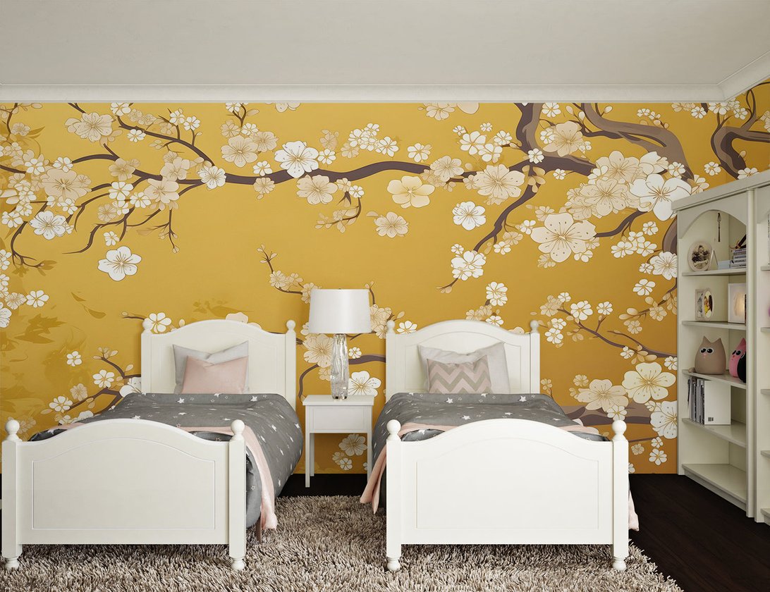 Cherry blossom wall mural in children's bedroom with twin white beds