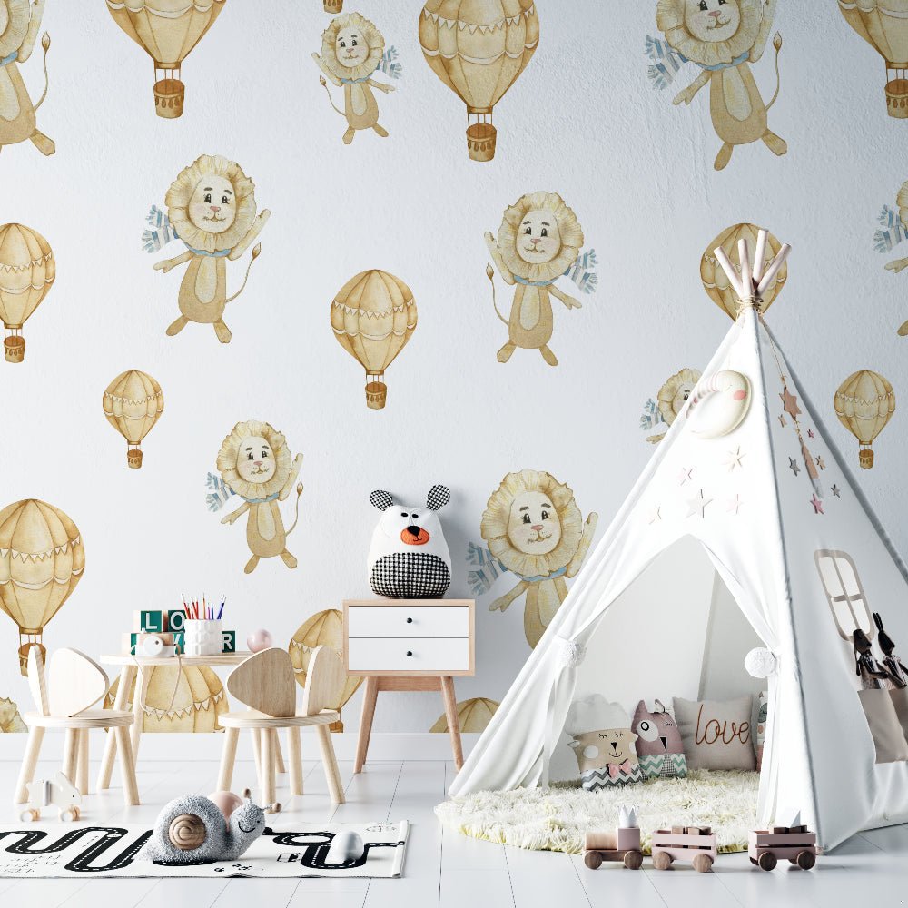 Beige lions and hot air balloons nursery mural wallpaper in modern playroom setting