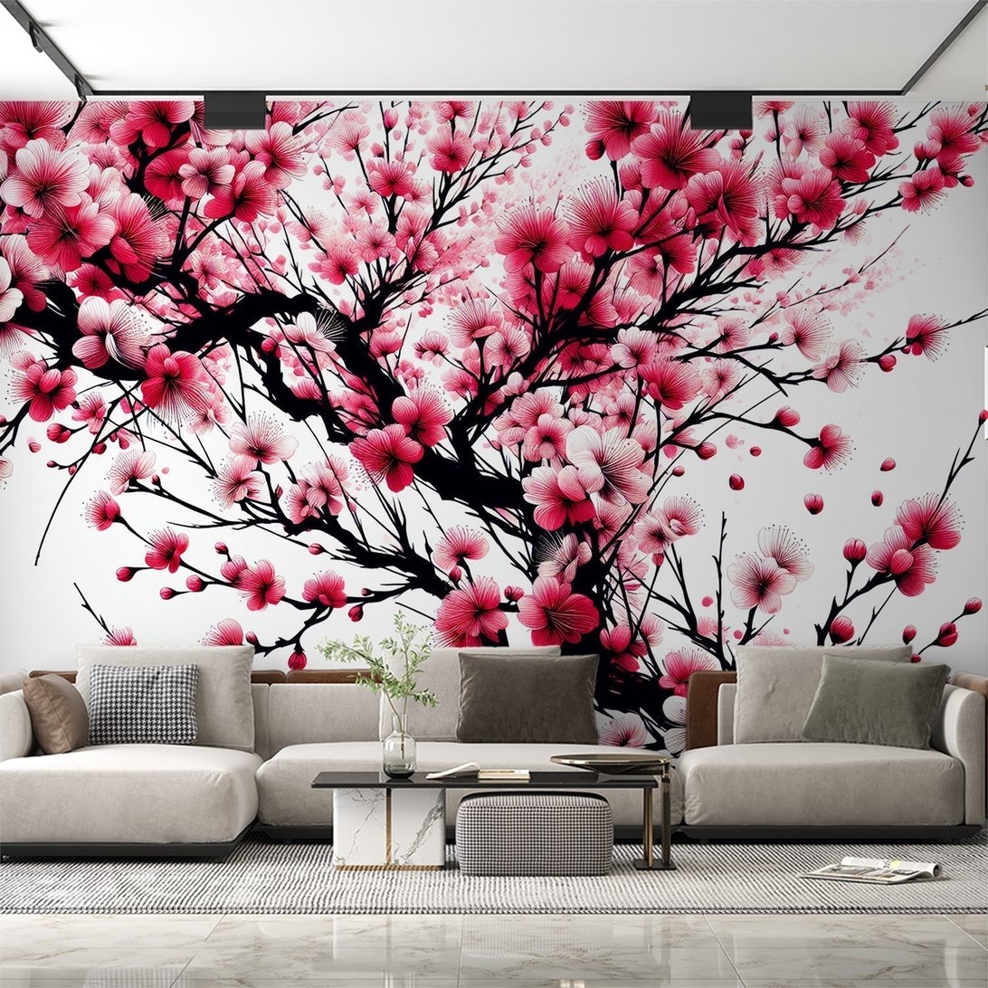 Japanese cherry blossom mural wallpaper with pink sakura flowers and black branches in modern living room setting