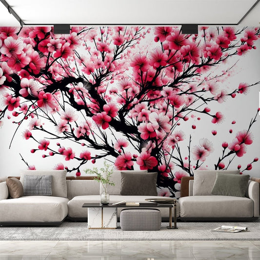 Japanese cherry blossom mural wallpaper with pink sakura flowers and black branches in modern living room setting
