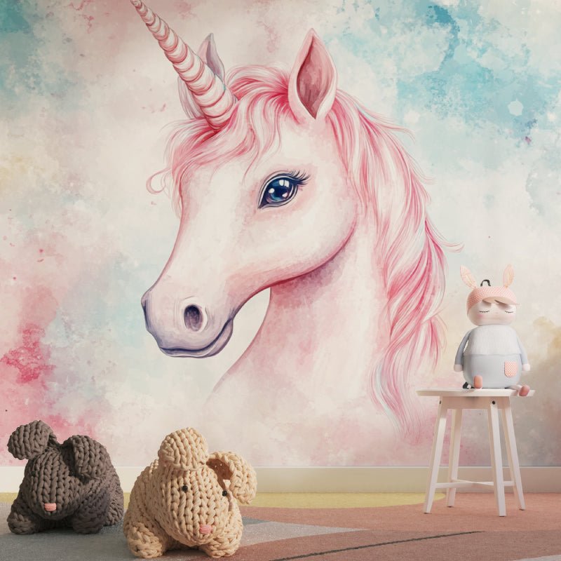 Close-up of pink unicorn mural wallpaper with knitted toys display