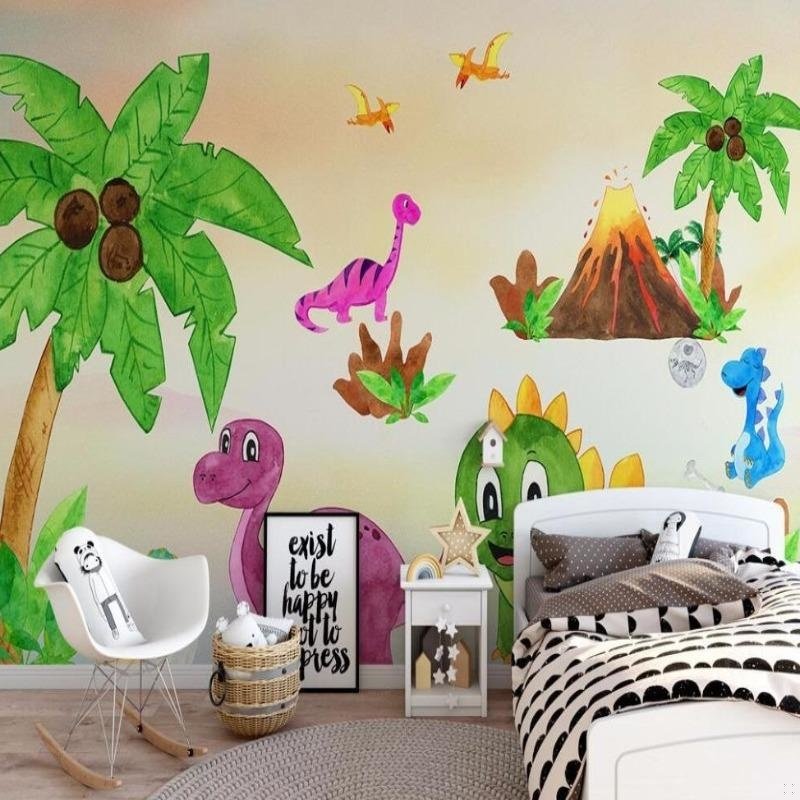 Prehistoric themed mural wallpaper with cute dinosaurs and palm trees in a stylish children's bedroom