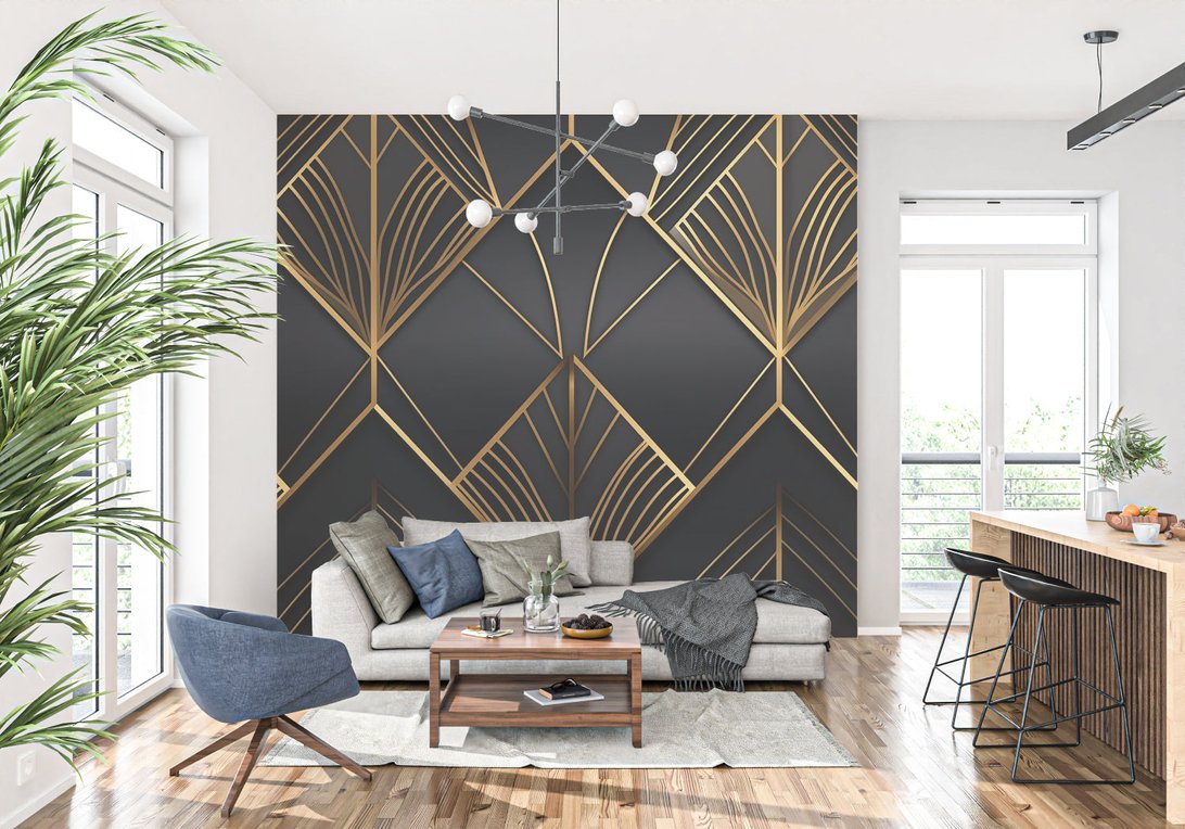 Black and gold Art Deco mural wallpaper displayed in contemporary living room with modern furniture
