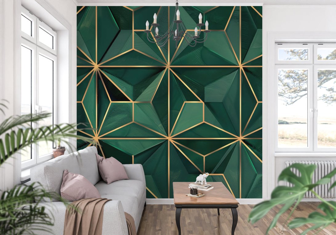 Contemporary office space with emerald green and gold geometric mural wallpaper
