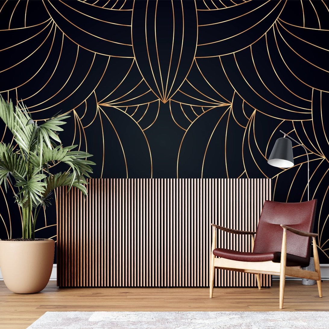 Art Deco geometric mural wallpaper with black background and gold lines in modern living room setting