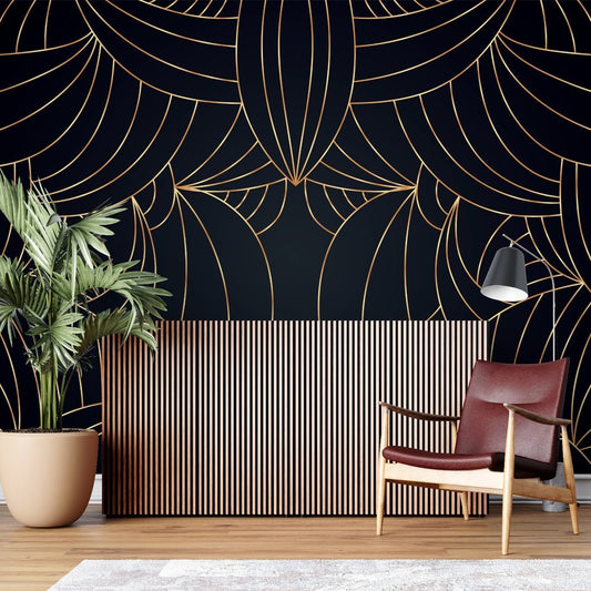 Art Deco geometric mural wallpaper with black background and gold lines in modern living room setting