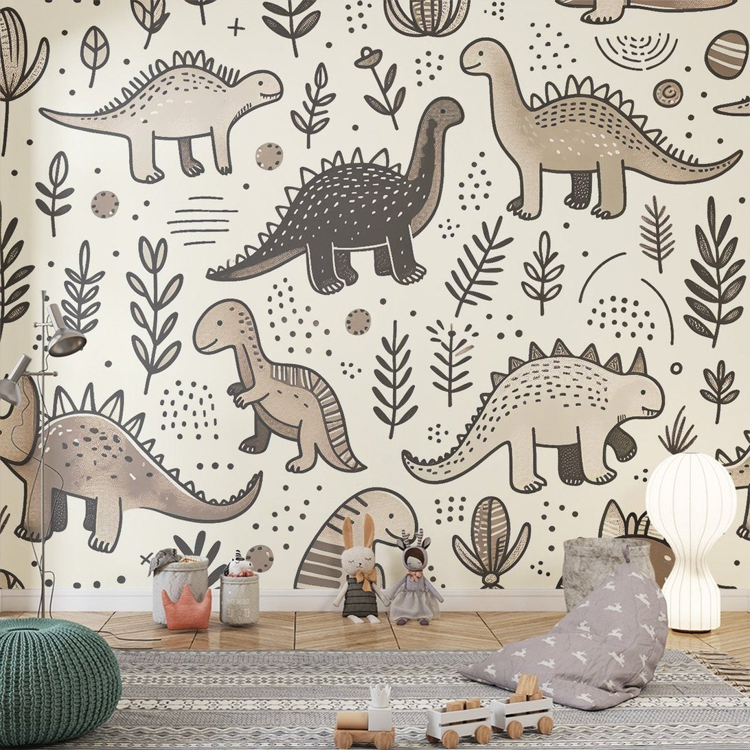 Scandinavian style dinosaur mural wallpaper in beige and gray tones, showing friendly dinosaurs and botanical elements in a nursery setting
