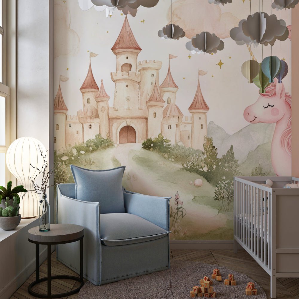 Nursery room decorated with magical castle mural wallpaper featuring pastel colors and dreamy landscape