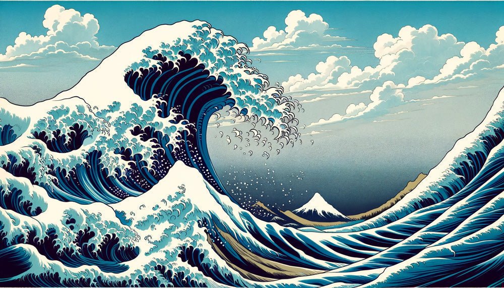The Great Wave of Kanagawa Japanese traditional art mural wallpaper showing detailed wave pattern and Mount Fuji