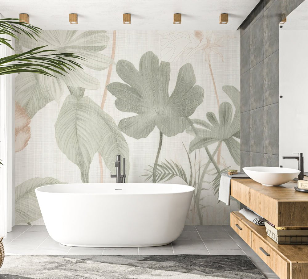 Modern bathroom featuring tropical leaf mural wallpaper and freestanding tub