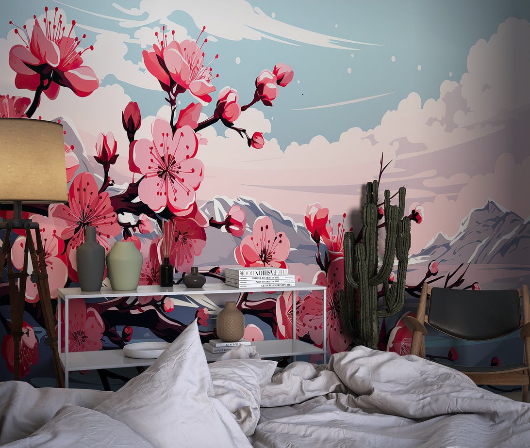 Close-up of Japanese sakura flowers on mural wallpaper