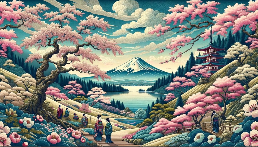 Detailed view of Mount Fuji mural wallpaper with cherry trees and traditional Japanese landscape