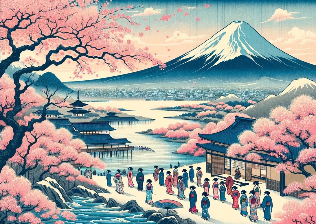 Traditional Japanese landscape mural wallpaper showing Mount Fuji, cherry blossoms, and temple architecture