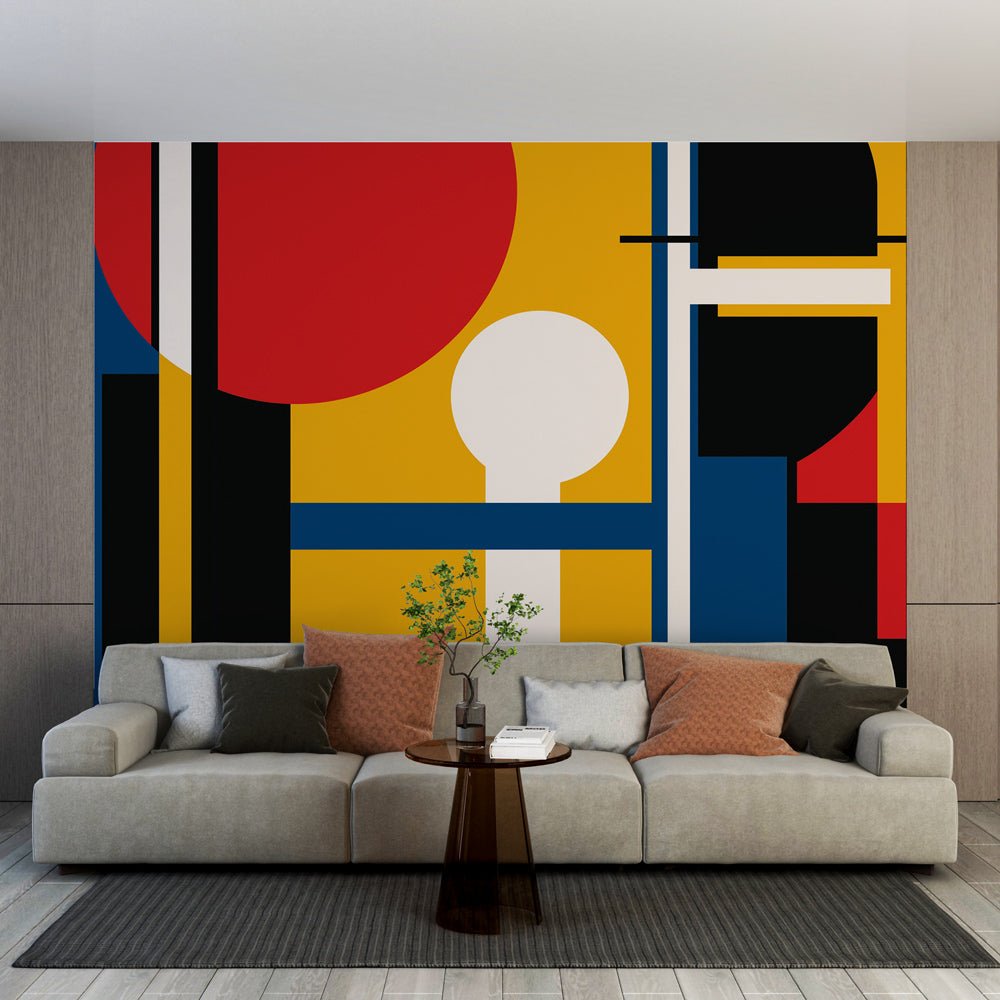 Bauhaus geometric mural wallpaper with red circle and yellow background in modern living room setting