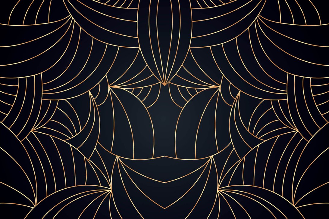 Full room view of Art Deco black and gold mural wallpaper with architectural details