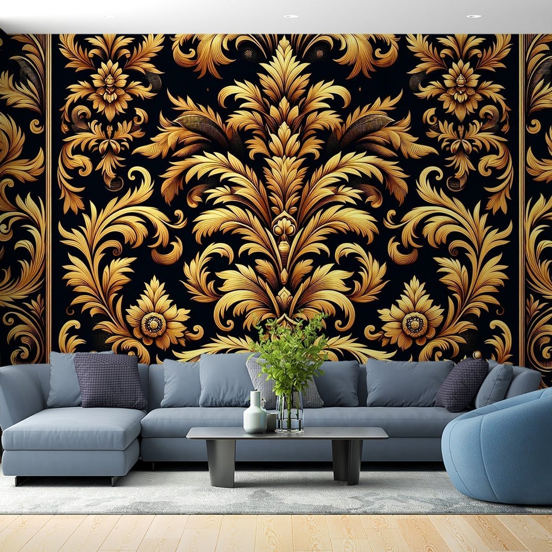 Art Deco black and gold damask mural wallpaper shown in modern living room setting with blue furniture