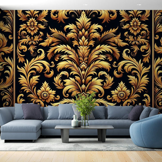 Art Deco black and gold damask mural wallpaper shown in modern living room setting with blue furniture