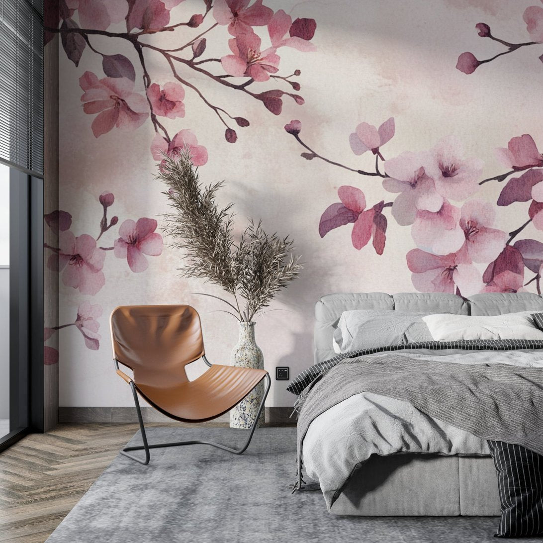 Cherry blossom wallpaper installation in minimalist bedroom