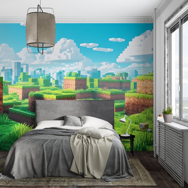 Minecraft landscape mural wallpaper creating depth in a contemporary bedroom