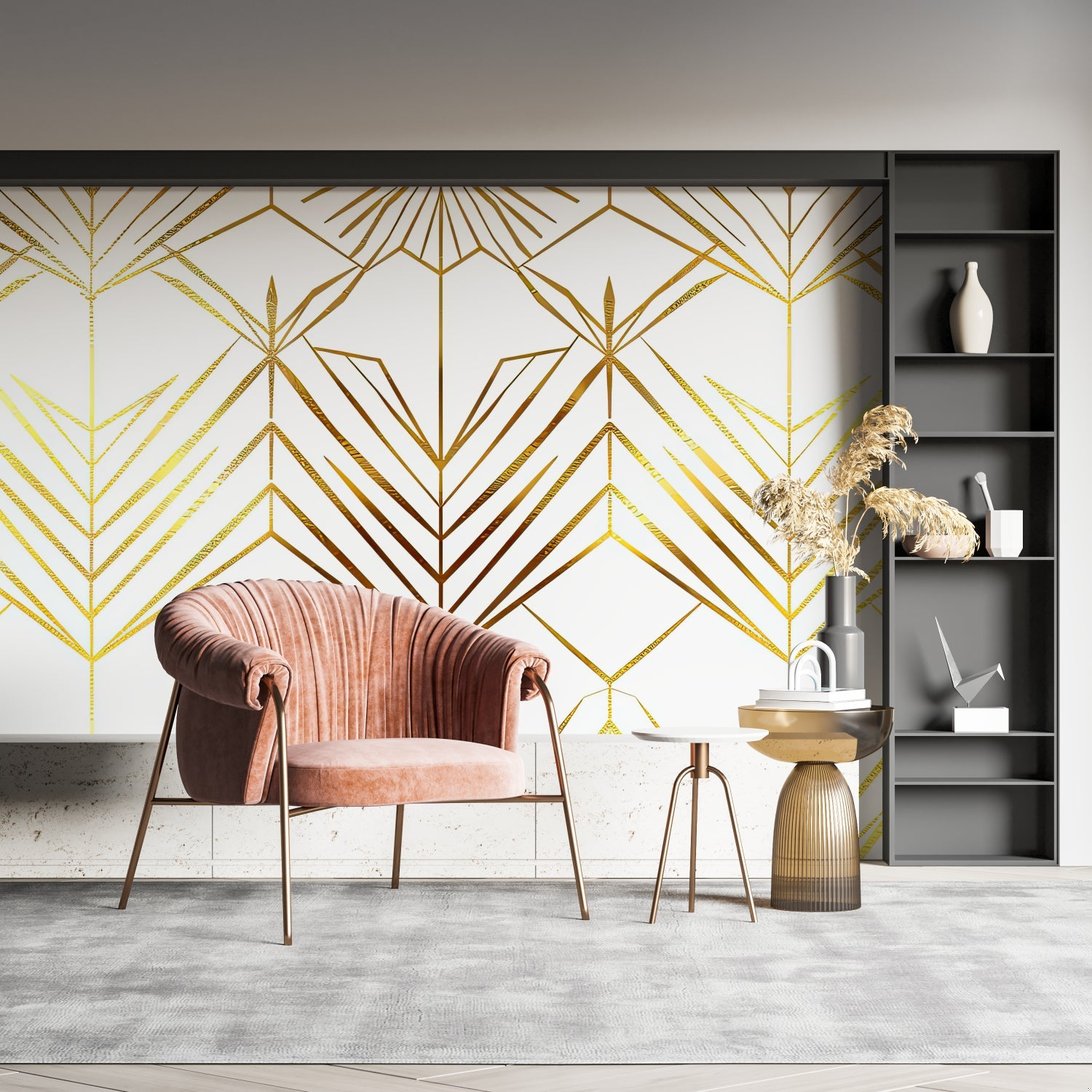 Art Deco gold geometric wallpaper detail showing sunburst pattern