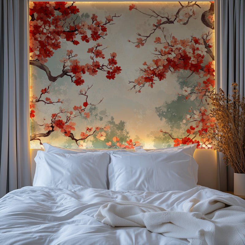 Stylish room interior with Japanese Cherry Blossom mural wallpaper creating a zen atmosphere