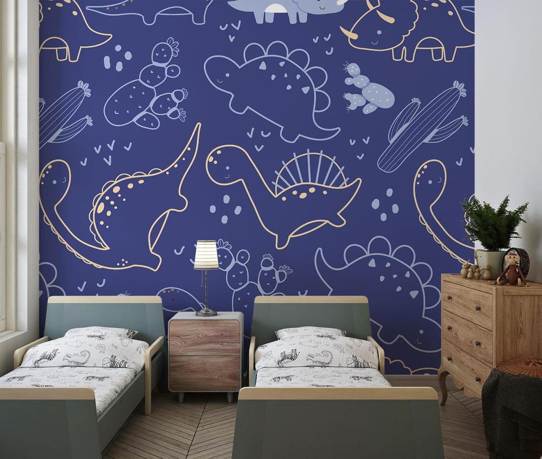 Navy blue and gold dinosaur pattern mural wallpaper displayed in twin children's bedroom