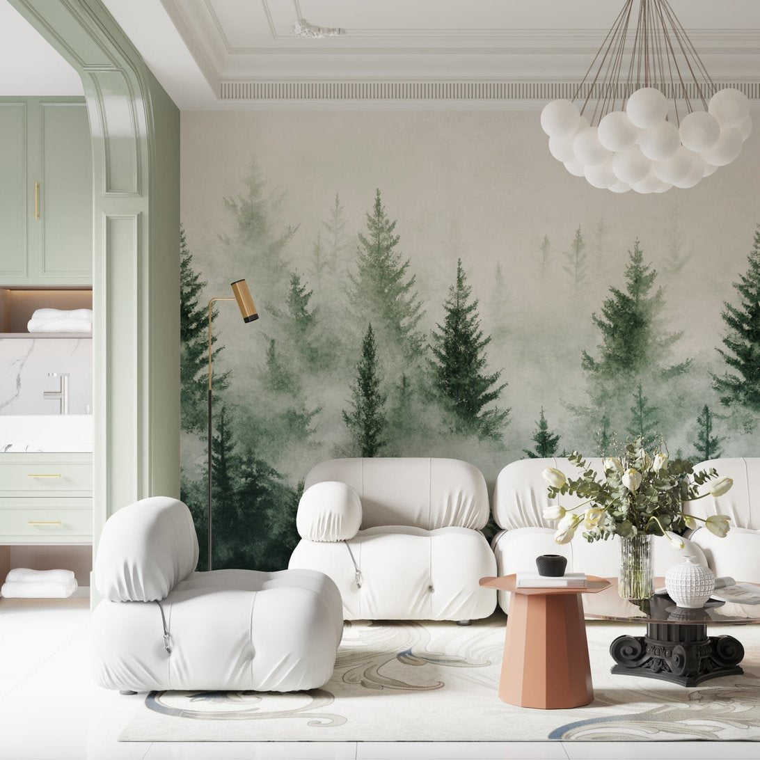 Modern living room featuring Misty Pine Forest mural wallpaper with white furniture and sage green accents