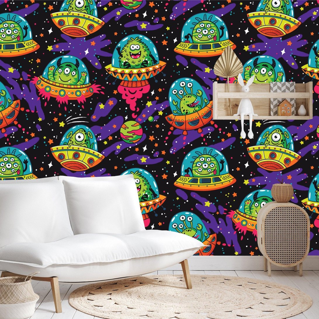 Space-themed mural wallpaper with friendly aliens in modern living space