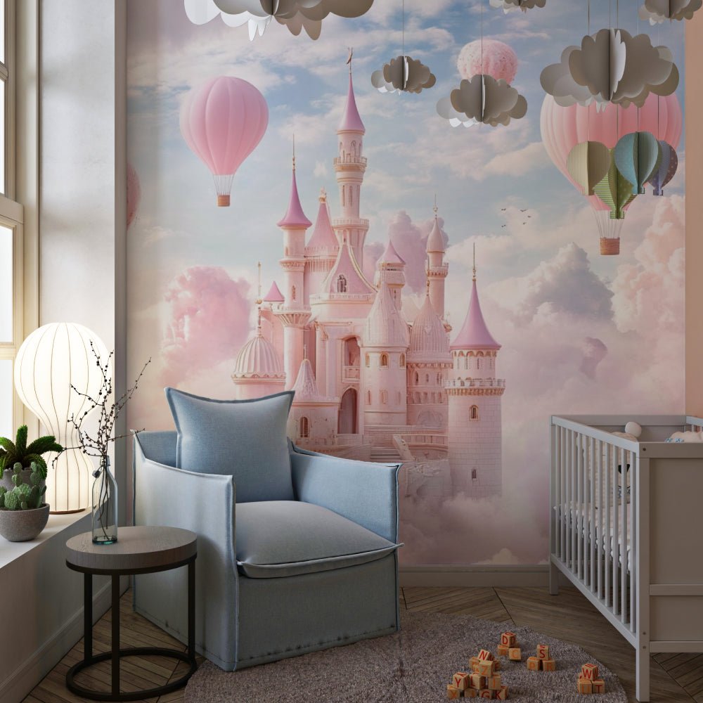 Princess castle mural wallpaper showing detailed castle architecture and floating balloons
