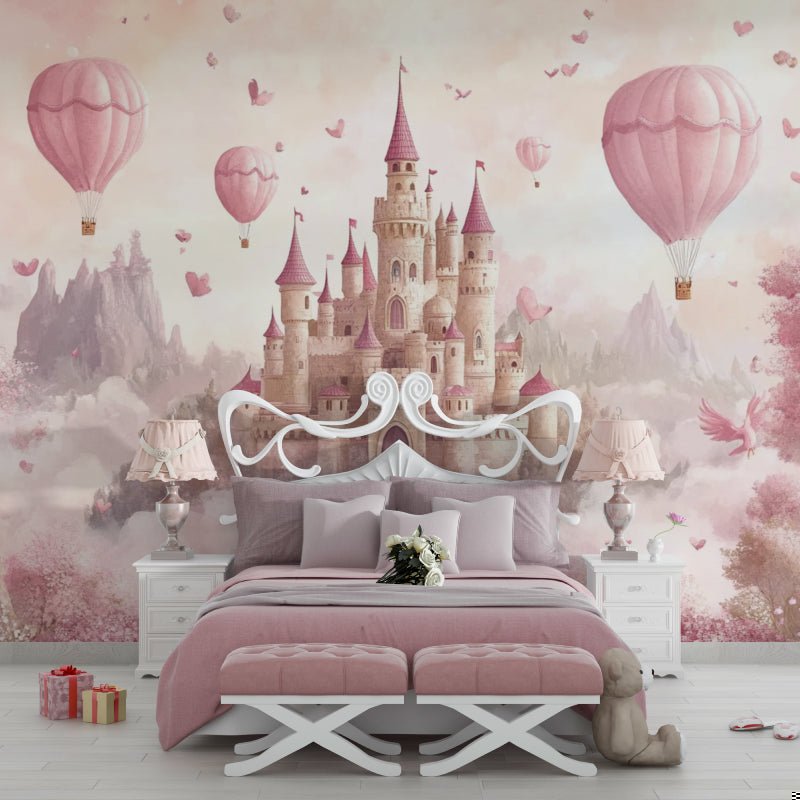 Fairy tale castle wall mural with pink hot air balloons in elegant bedroom design