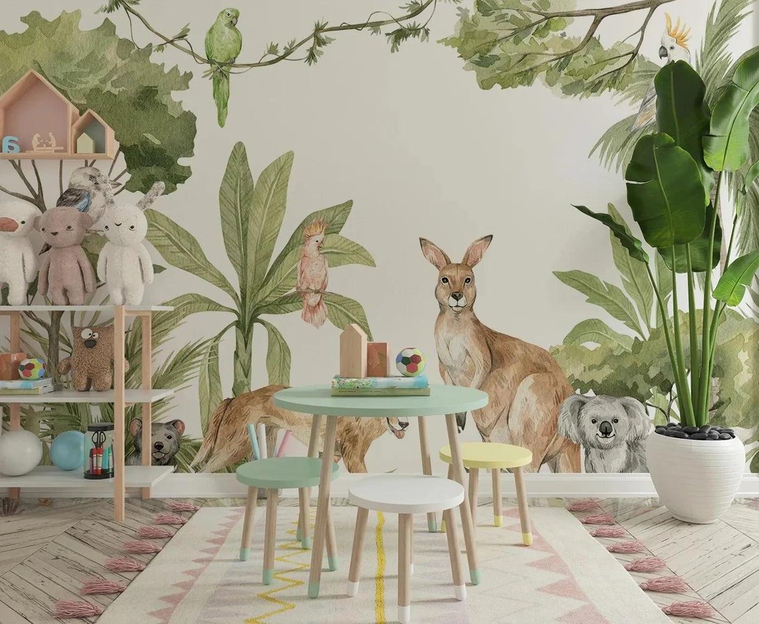 Children's playroom decorated with Australian wildlife mural wallpaper featuring kangaroos and koalas