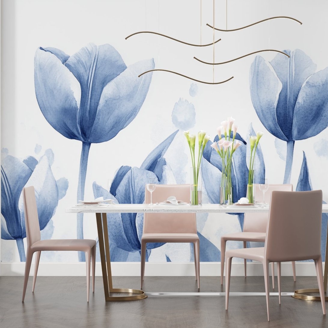 Blue tulip mural wallpaper installation in modern interior
